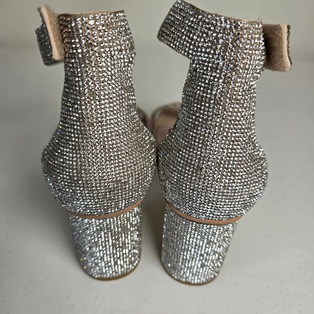 Jeffrey Campbell Laura Crystal Embellished Block Heeled Open Toe Sandal Size 7.5